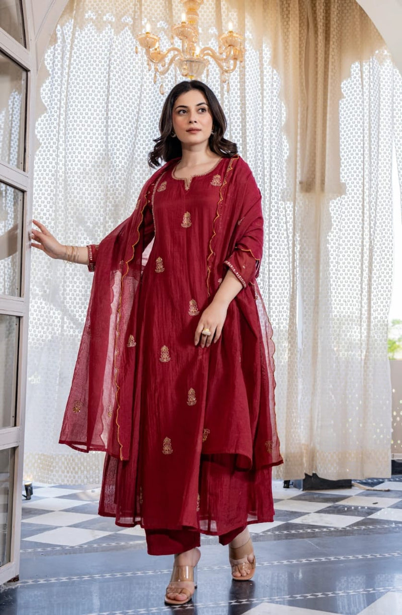 Maroon Layered Anarkali Kurti Pant Dupatta Set