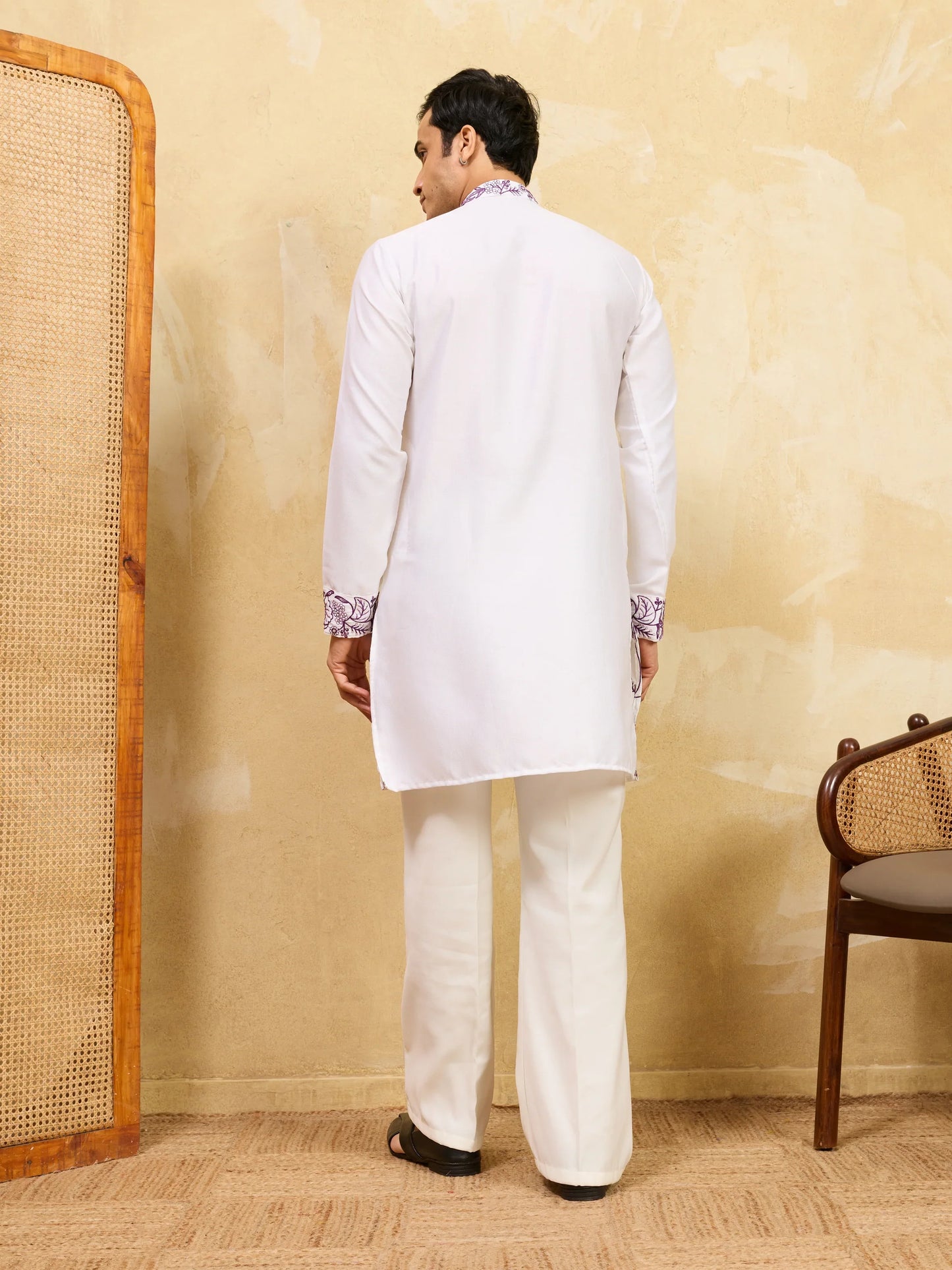 Elegant Regal Khadi Silk White Kurta with Purple Thread Work