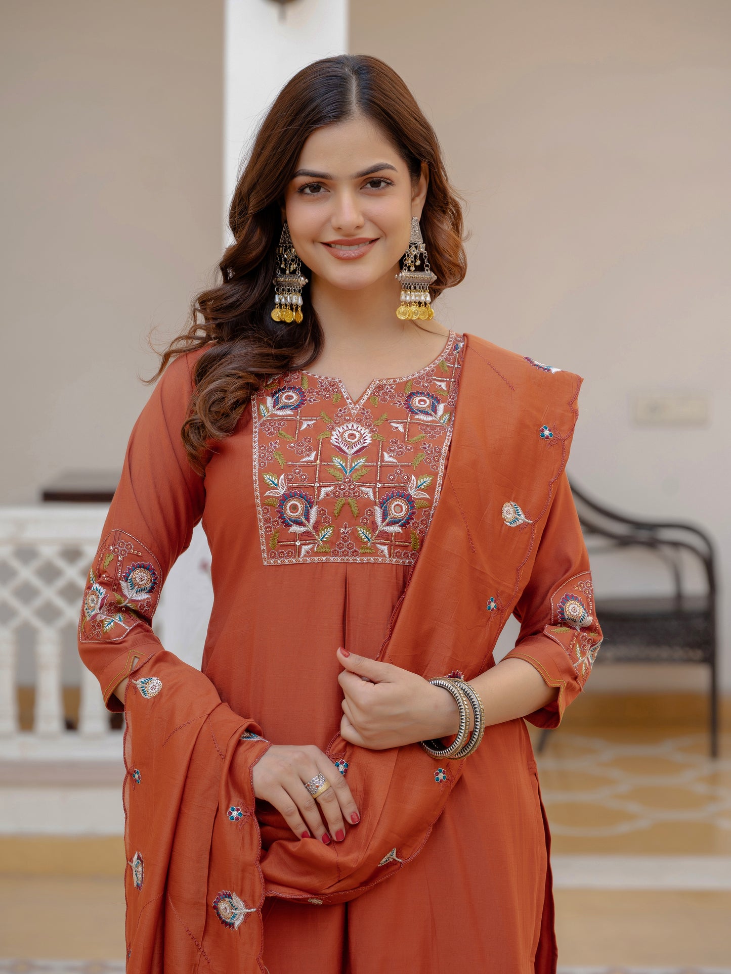 Rust Orange Viscose Mango Silk Embroidered Kurti Set