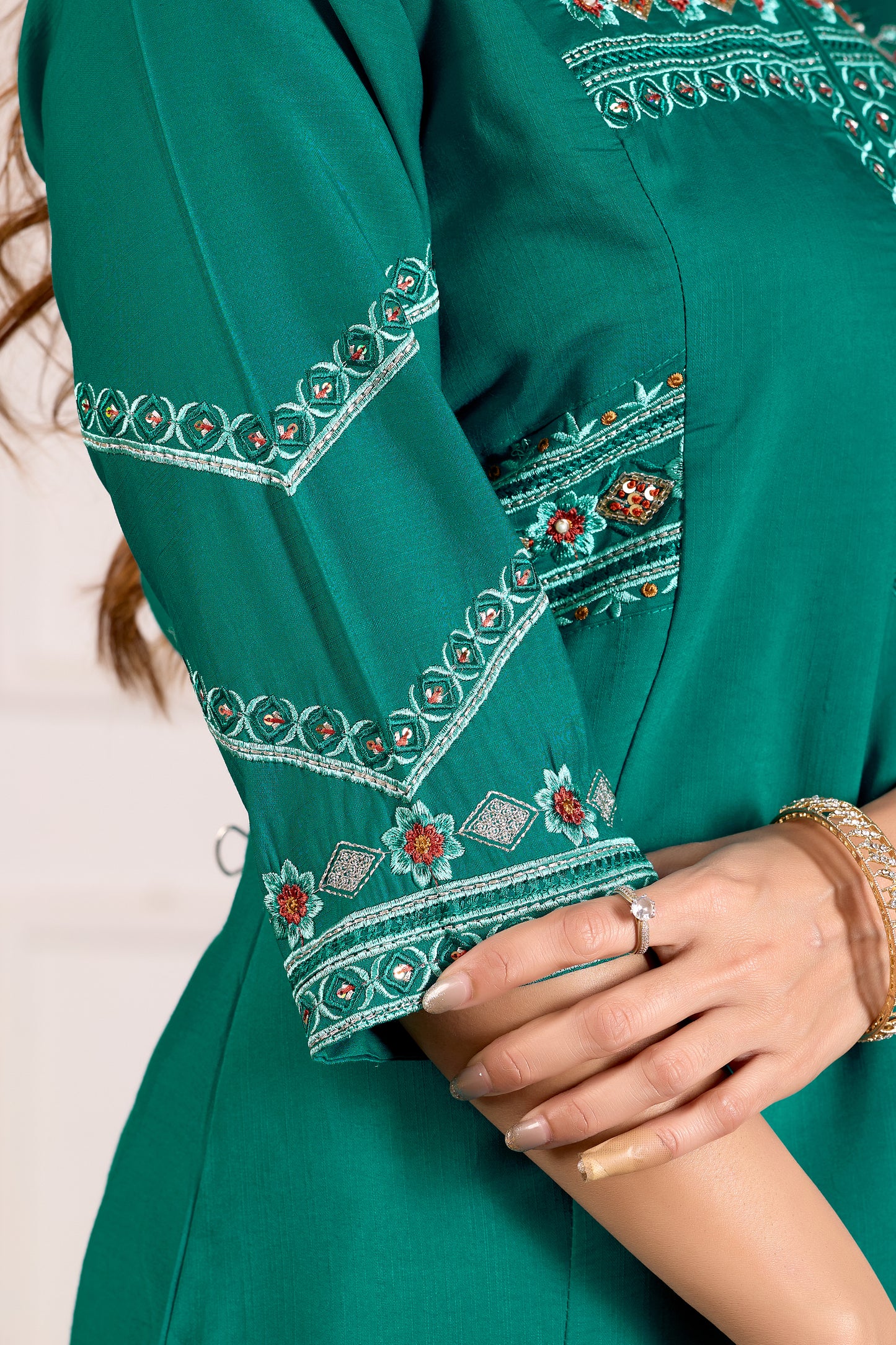 Rama Green Viscose Mango Silk Anarkali Kurti Set