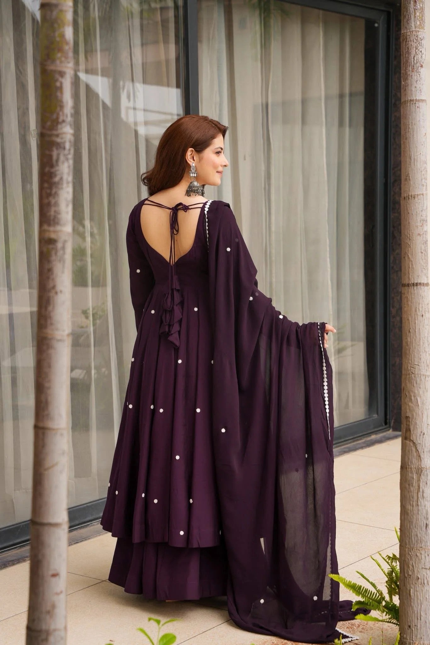 Wine Rayon Designer Embroidered Anarkali Suit Set