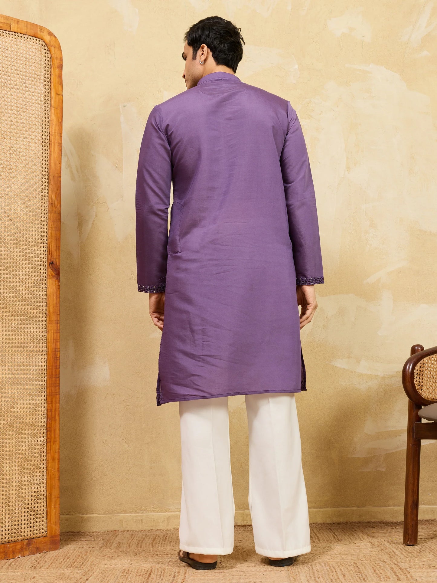 Elegant Luxury Purple Viscose Silk Embroidered Work Kurta Pant Set