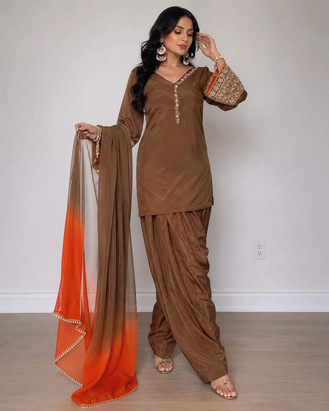 Mocha Brown Embroidered Kurta Pant Set