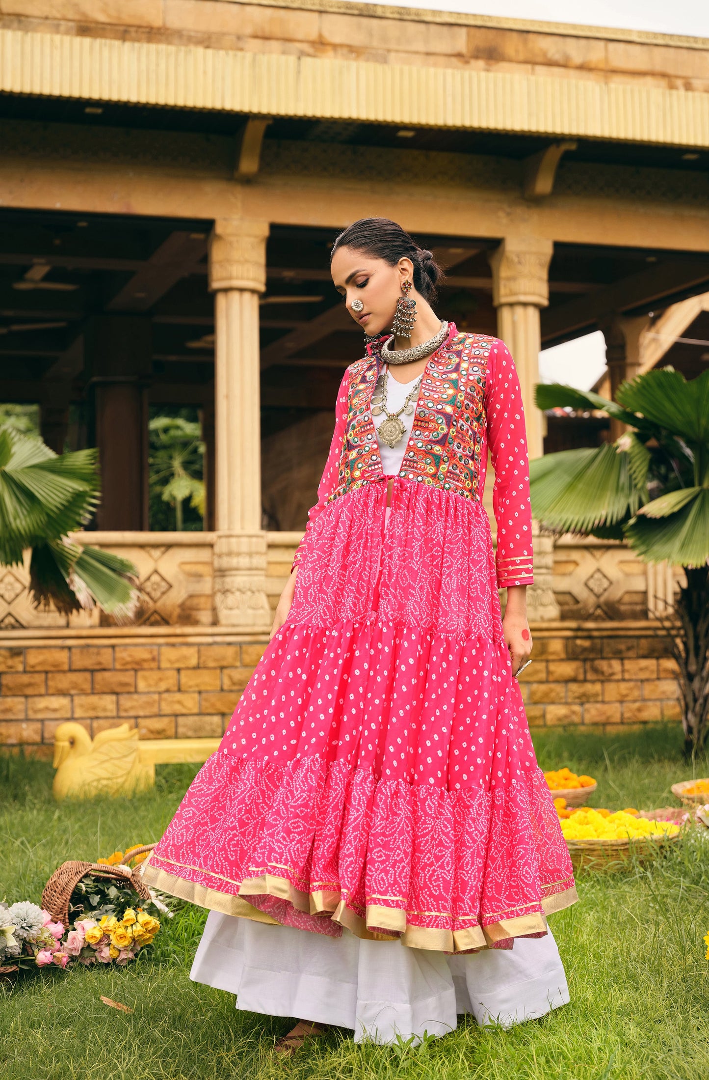 Rani Pink Printed Long Shrug with White Dress Set