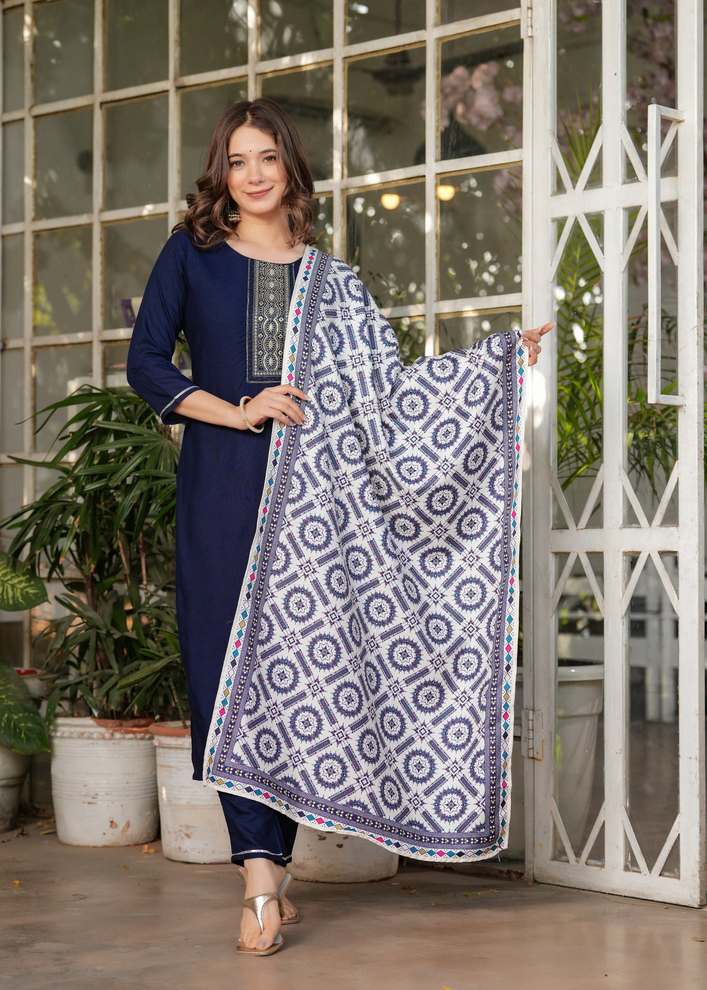 Navy Blue Embroidered Rayon Suit Set