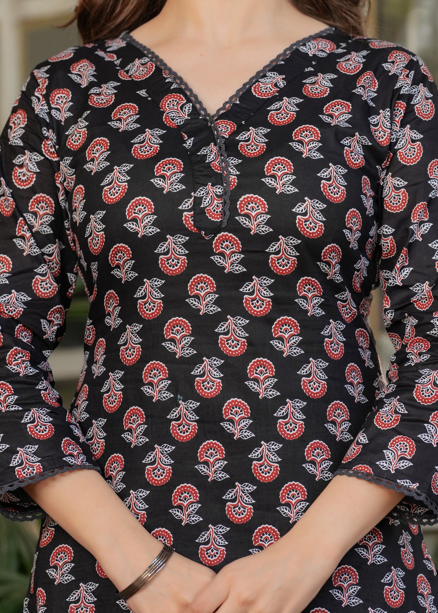 Black Pure Cotton Printed Kurta Pant Dupatta Set