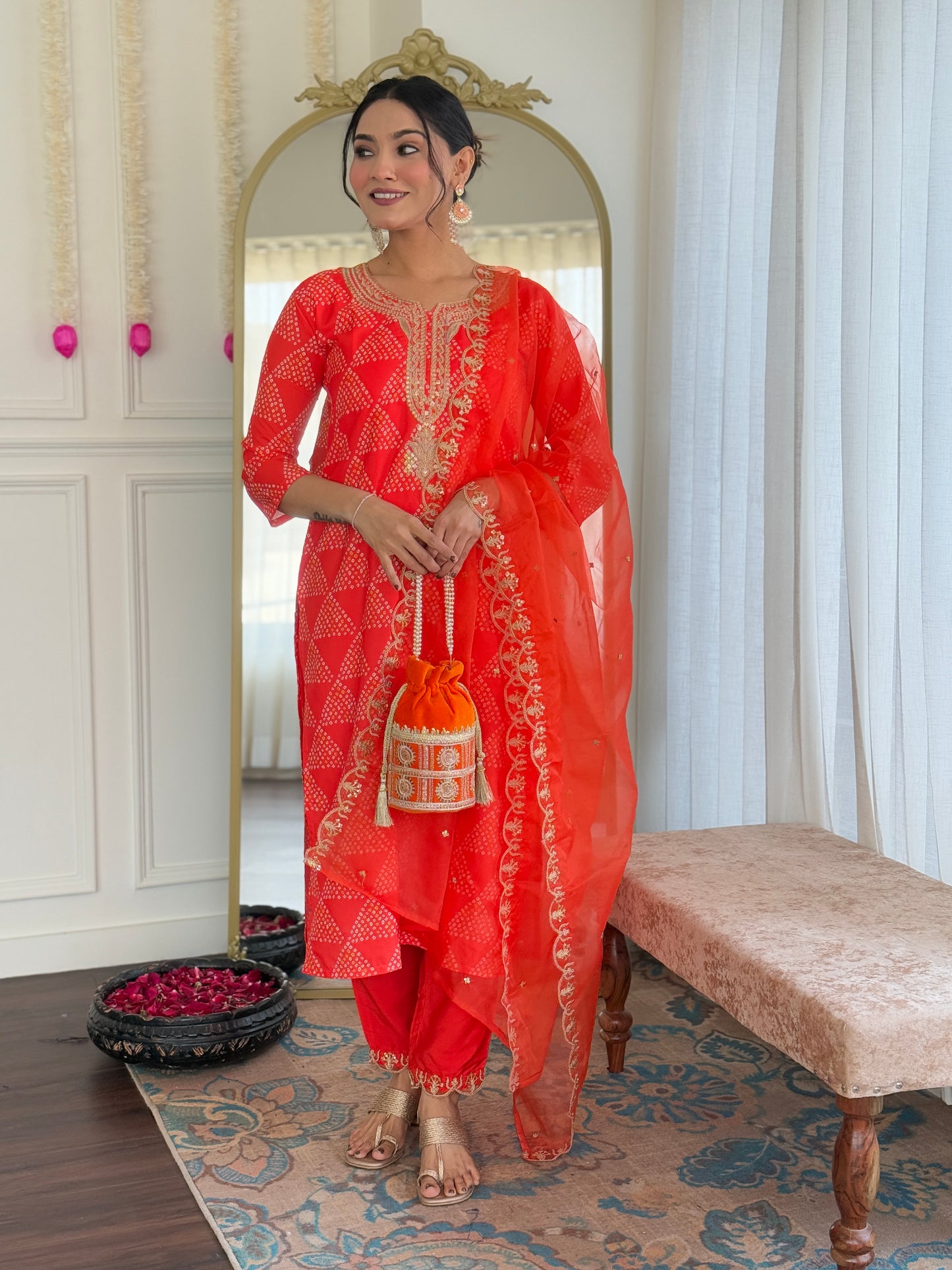 Orange Embroidered French Crepe Kurta Set