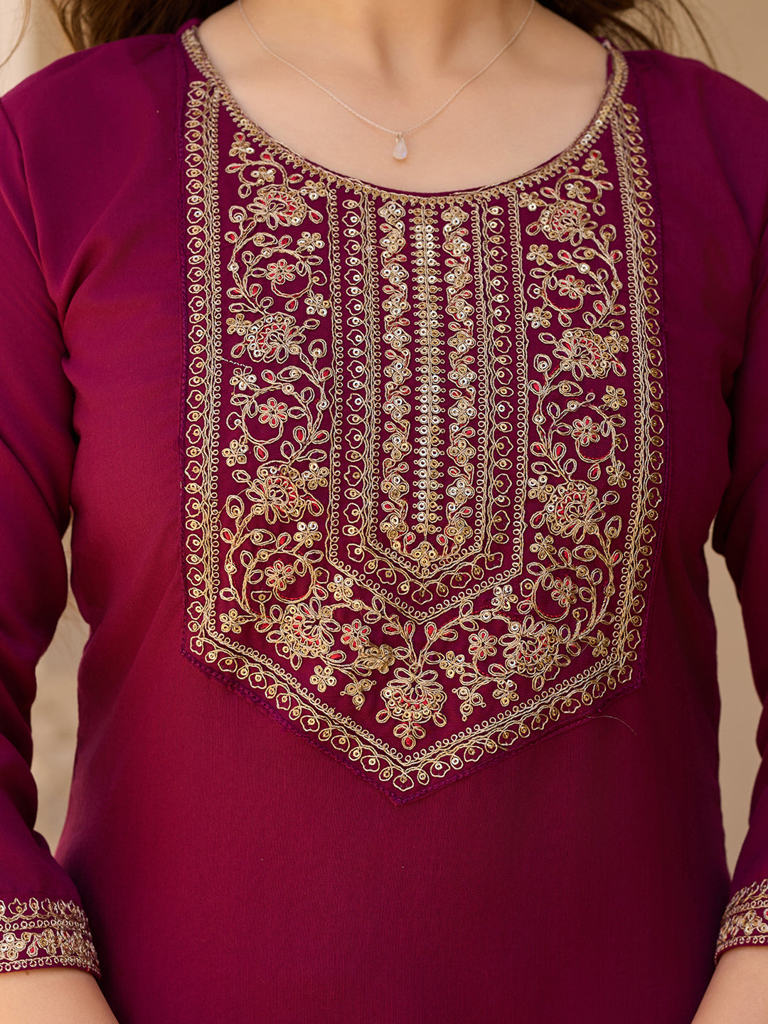 Maroon Rayon Embroidered Kurta Pant Dupatta Set