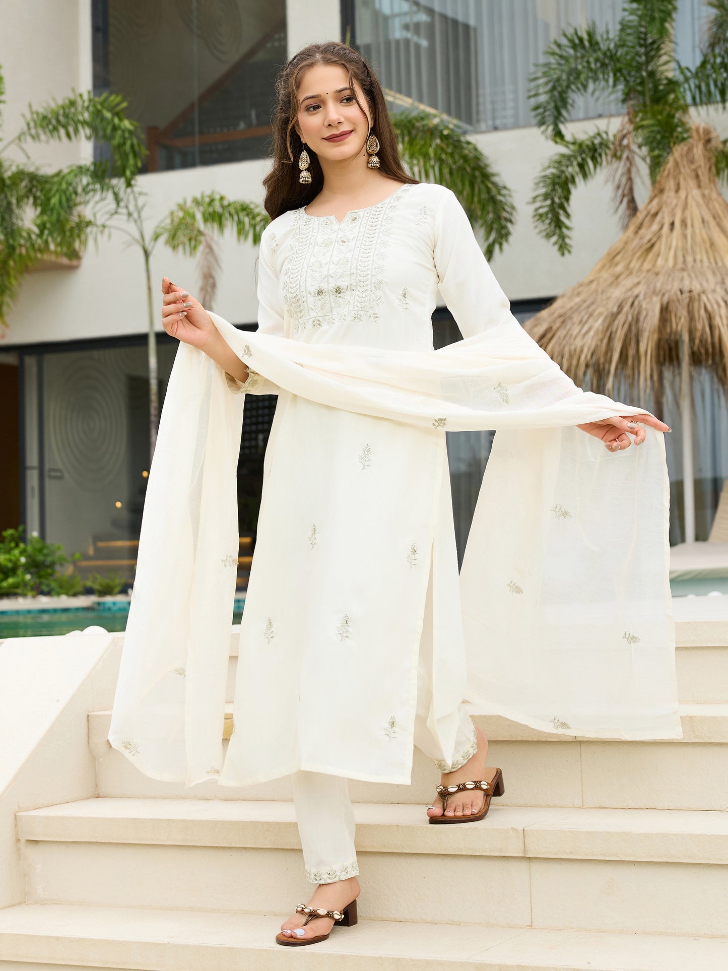 White Embroidered Rayon Slub Kurta Set