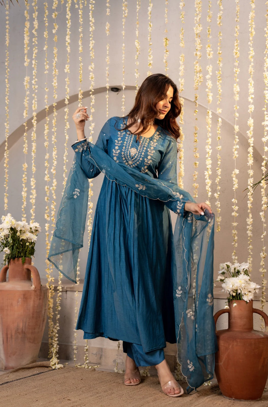 Radiant Teal Blue Chanderi Silk Embroidered Anarkali Suit Set