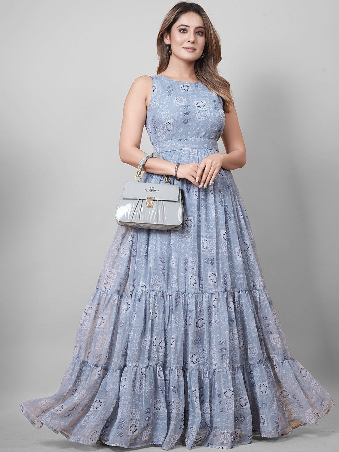 Grey Printed Faux Georgette Gown