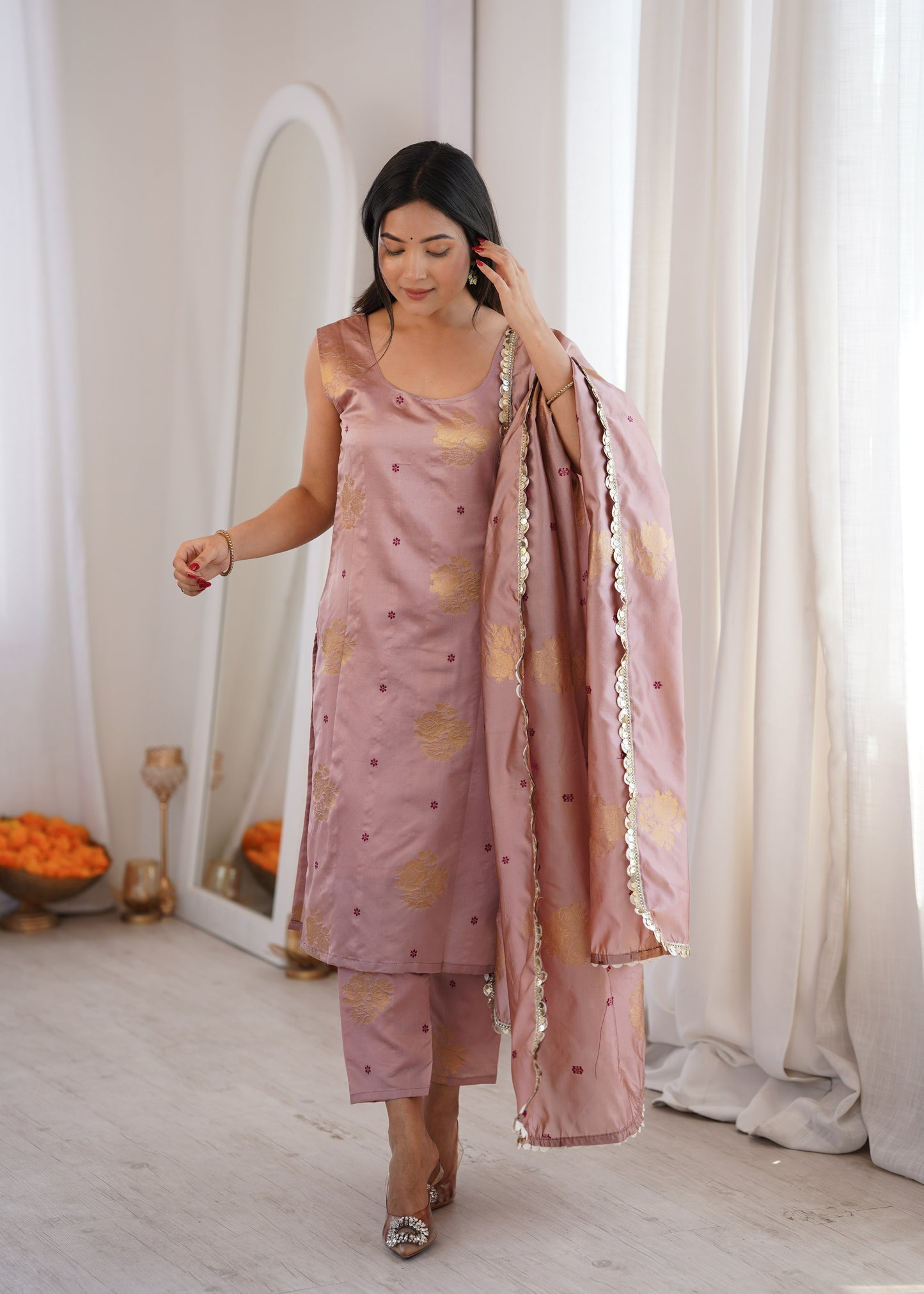 Peach Aura Chanderi Jacquard Suit Set