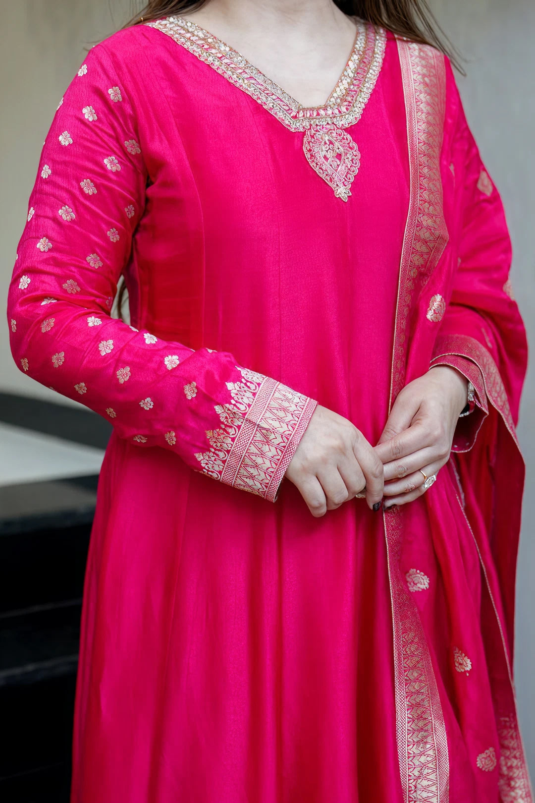 Rani Pink Anarkali Kurti Pant Dupatta Set