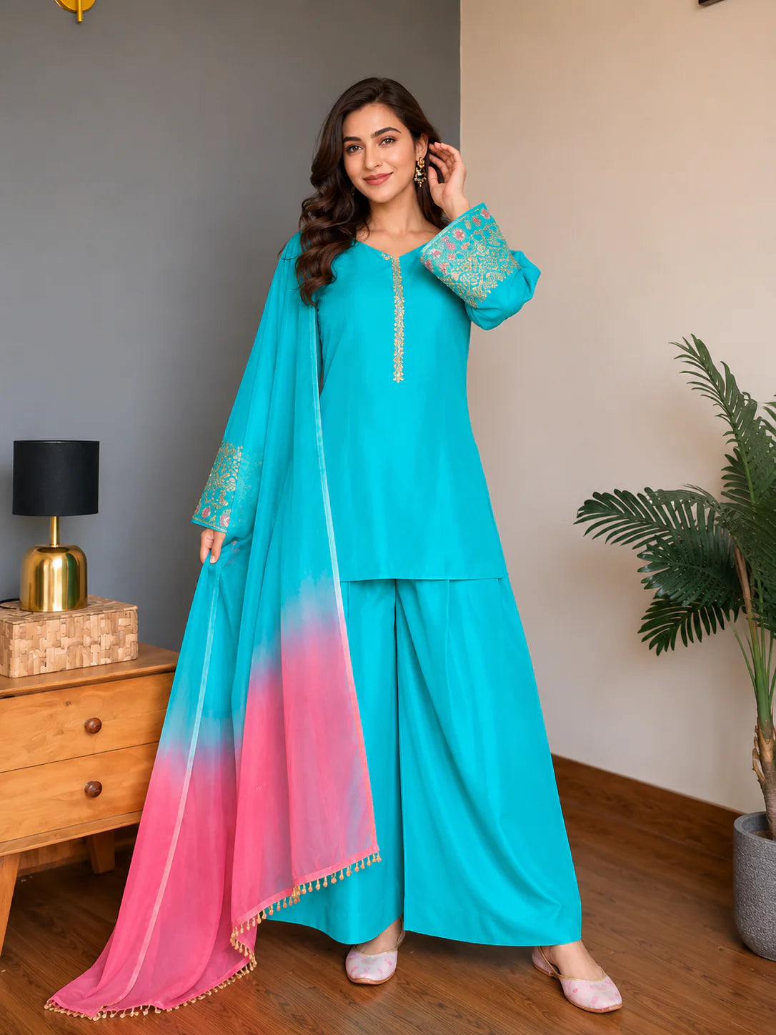 Turquoise Blue Embroidered Kurta Palazzo Set