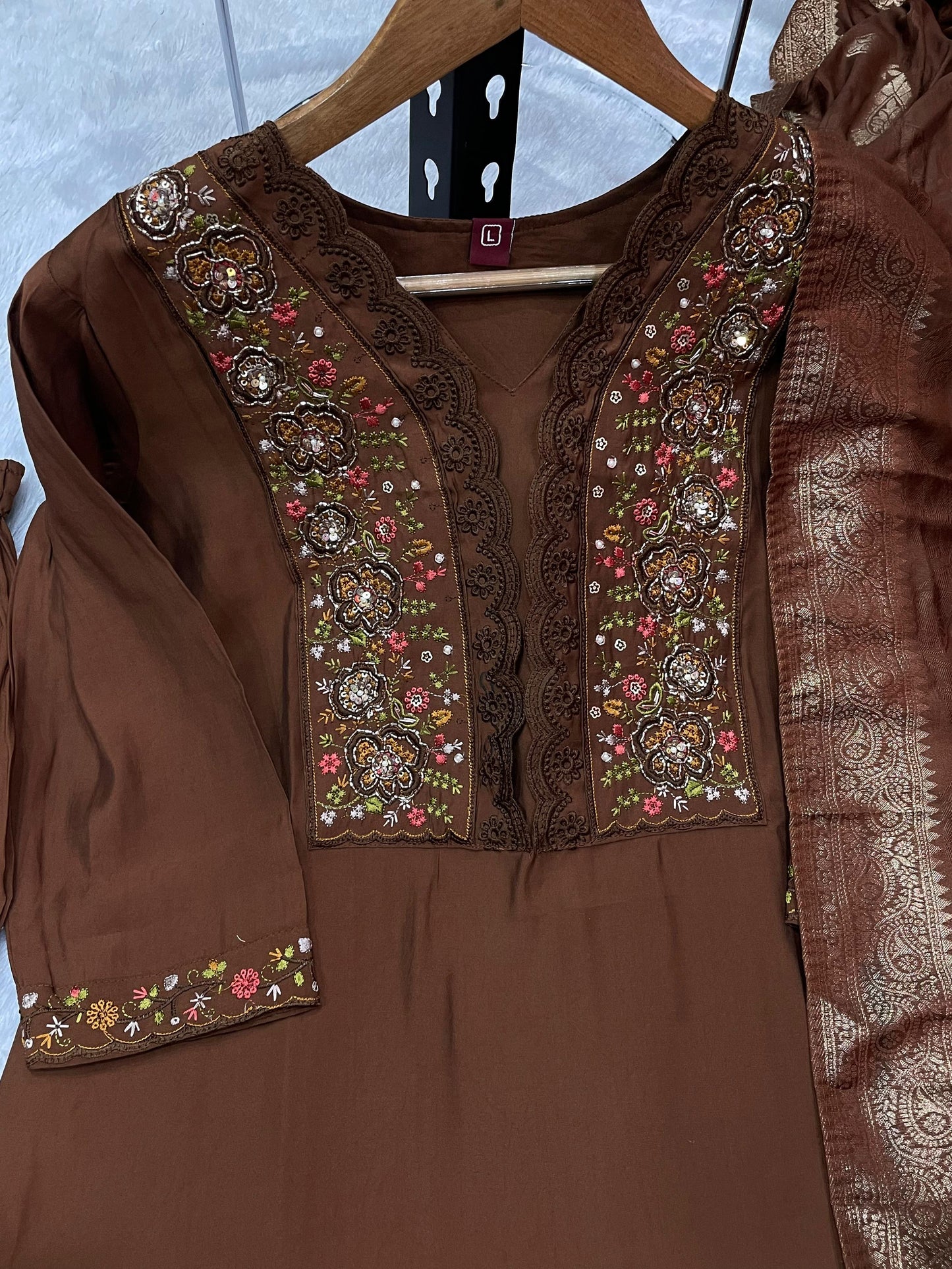 Coffee Brown Roman Silk Embroidered Kurti Pant Dupatta Set