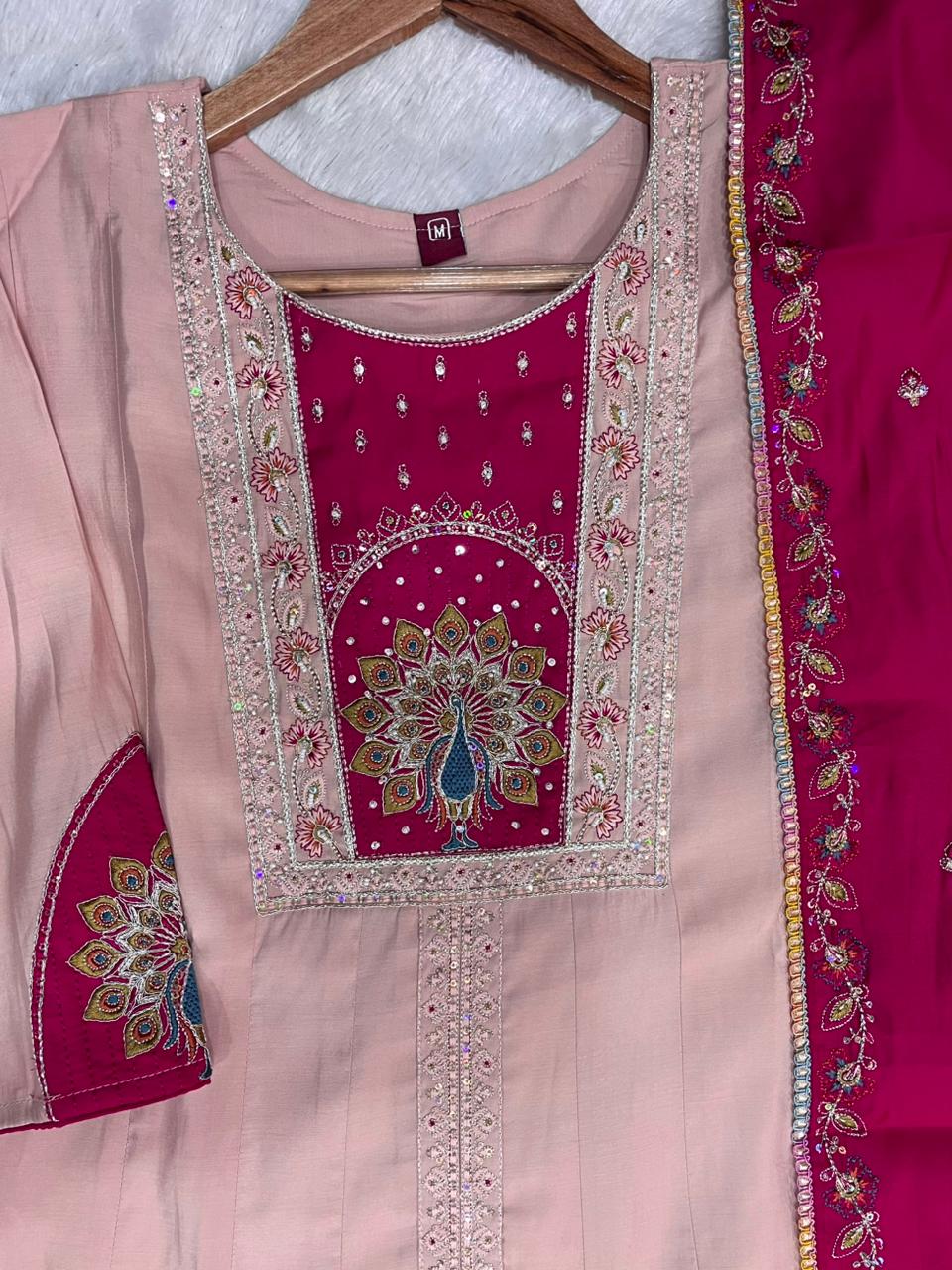 Elegant Peach Roman Silk Kurti Set