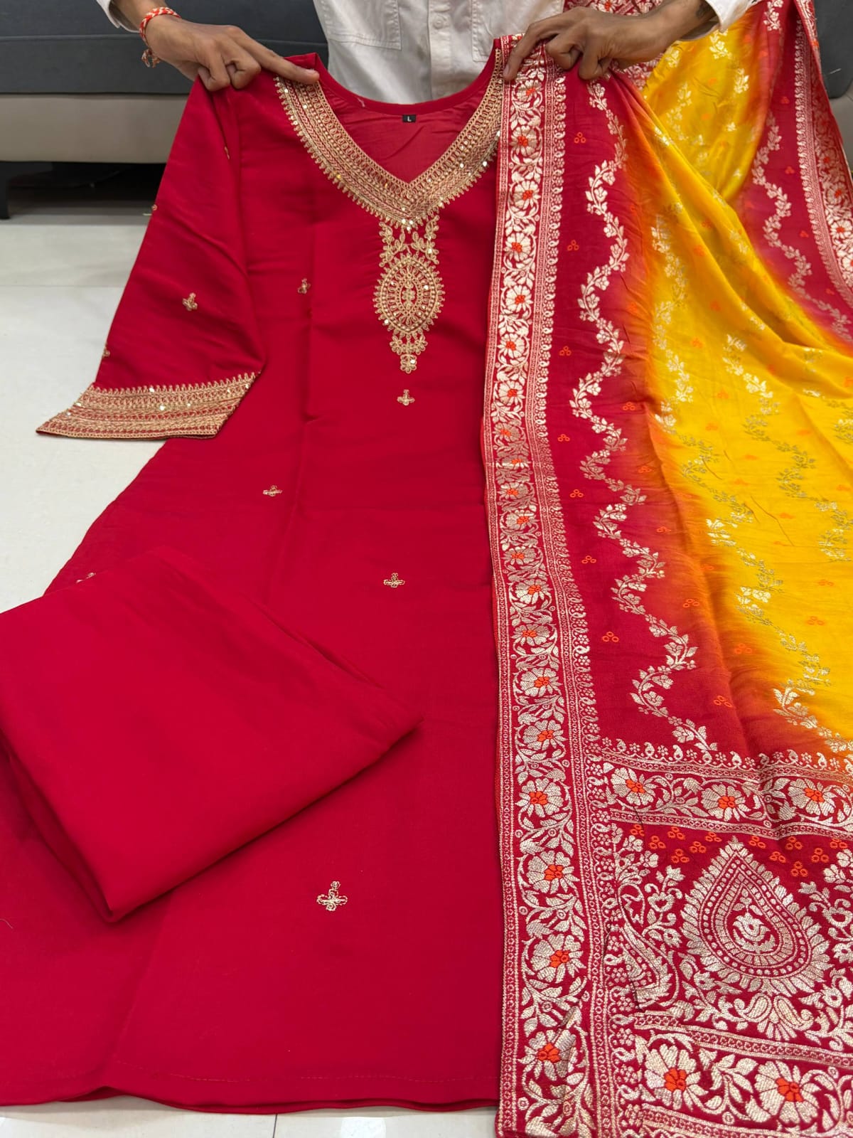 Red Embroidered Kurti Pant Dupatta Set