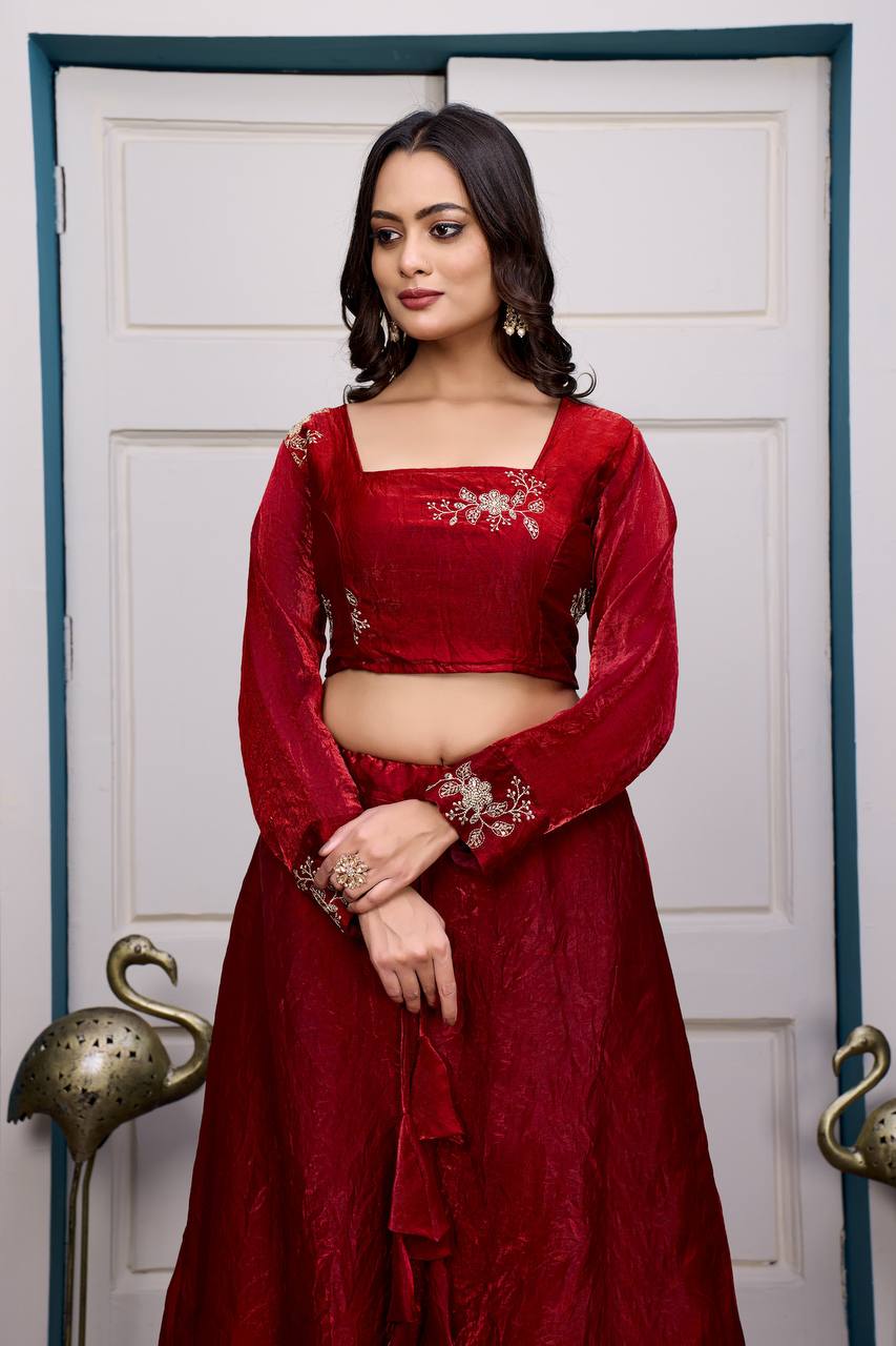 Maroon Heavy Fandy Satin Lehenga Set