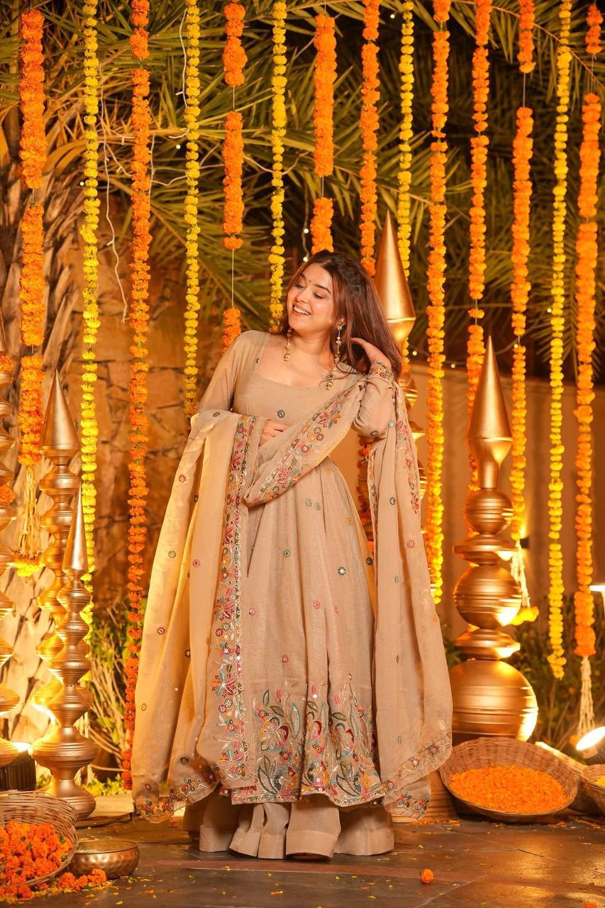 Beige Soft Crunchy Silk Anarkali Sharara Suit Set