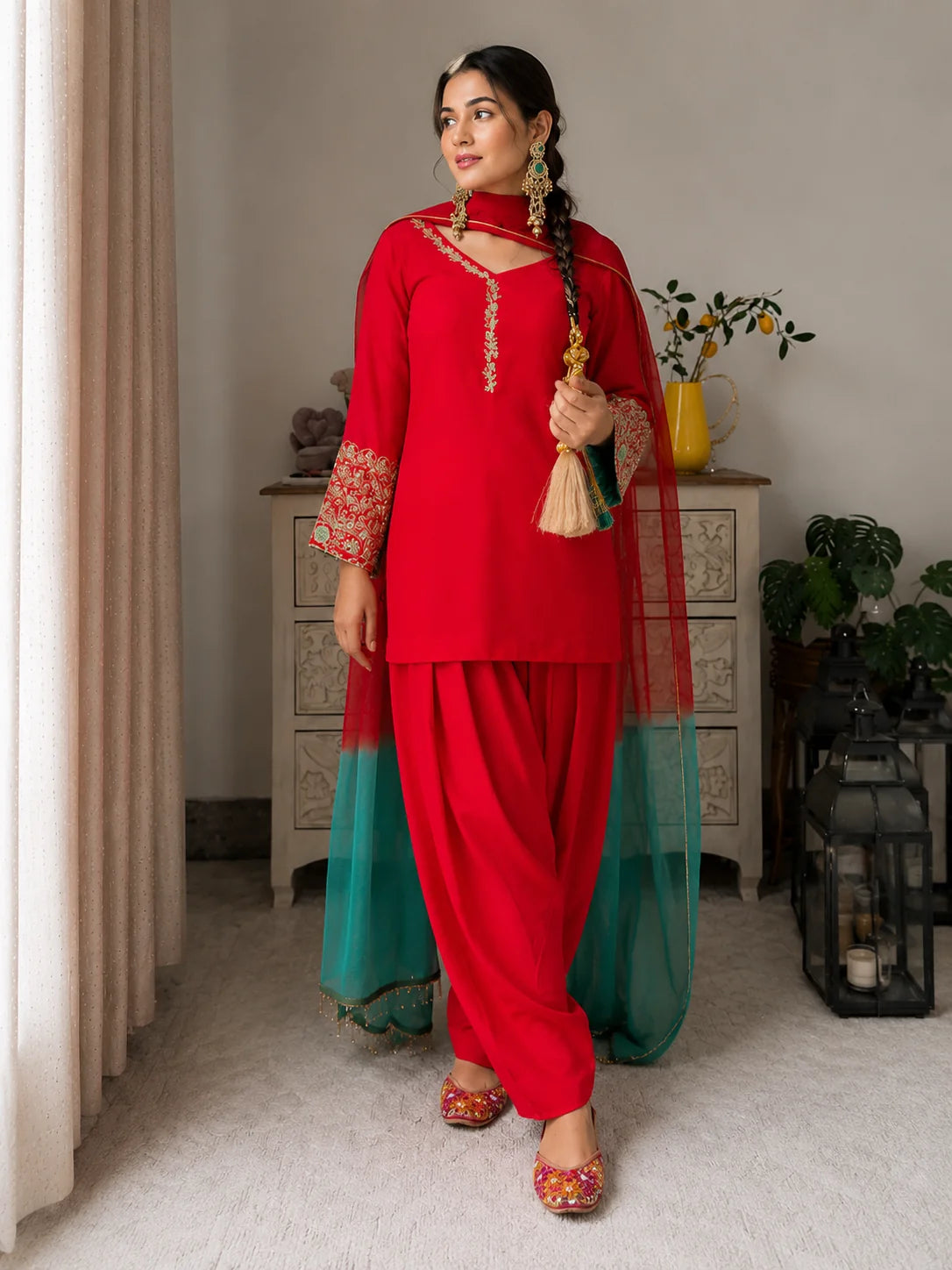 Ruby Red Embroidered Kurta Pant Set