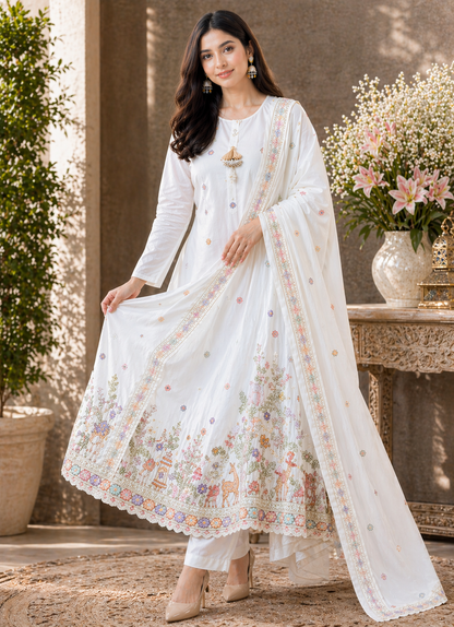 White Floral Embroidered Anarkali Kurti Pant Dupatta Set Luxury Festive
