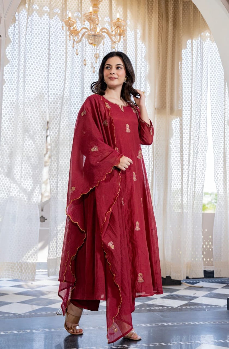 Maroon Layered Anarkali Kurti Pant Dupatta Set