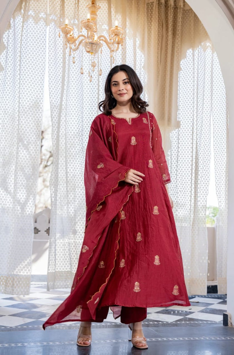 Maroon Layered Anarkali Kurti Pant Dupatta Set
