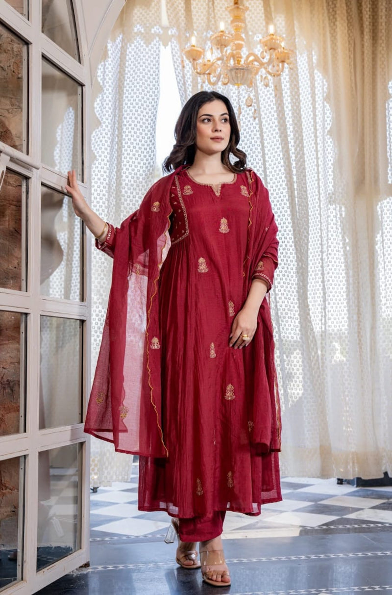 Maroon Layered Anarkali Kurti Pant Dupatta Set