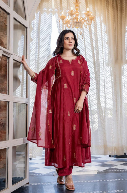 Maroon Layered Anarkali Kurti Pant Dupatta Set