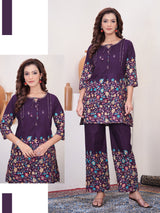 Elegant Wine Floral Printed Pure Cotton Co-Ord Set