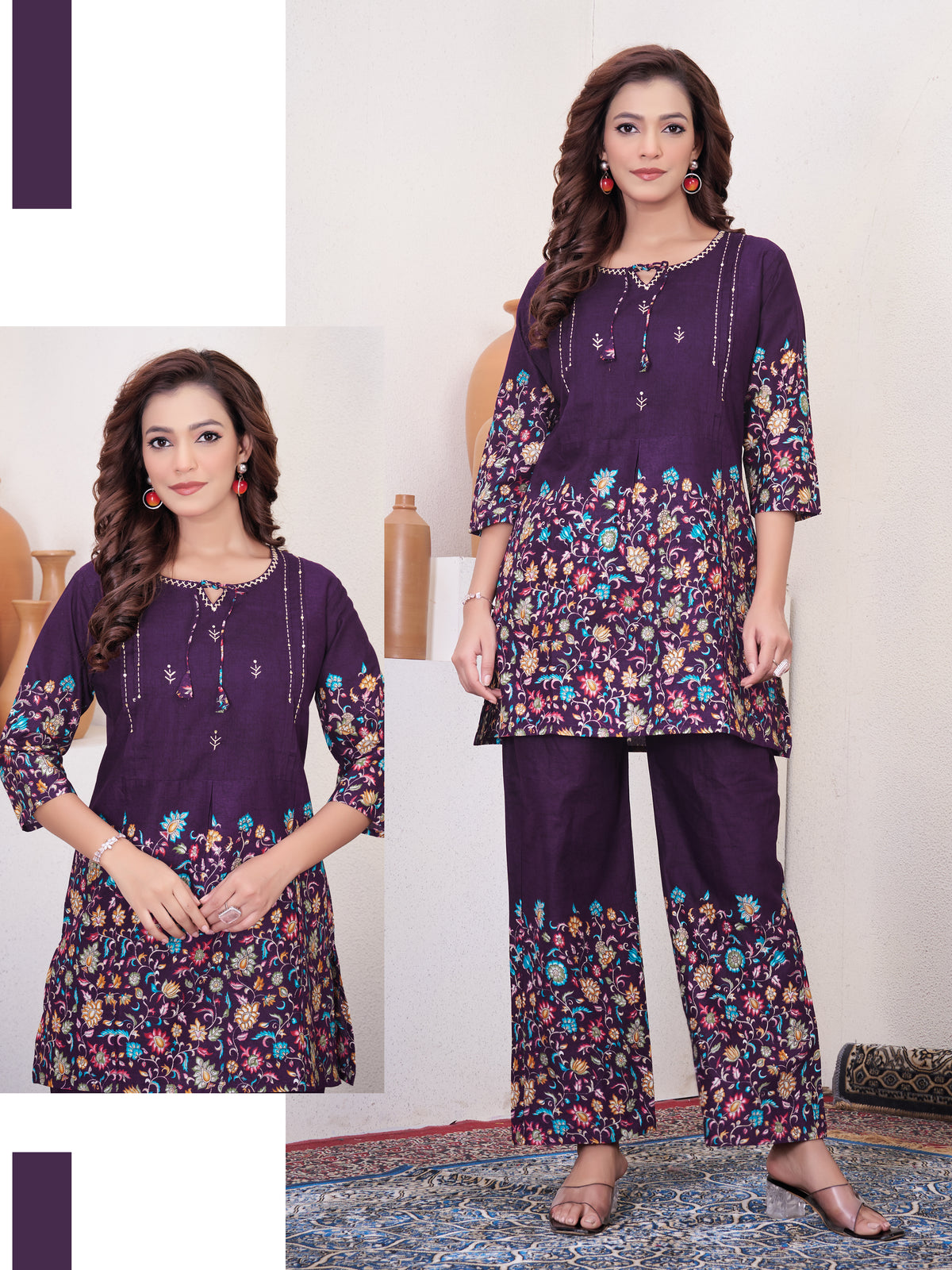 Elegant Wine Floral Printed Pure Cotton Co-Ord Set