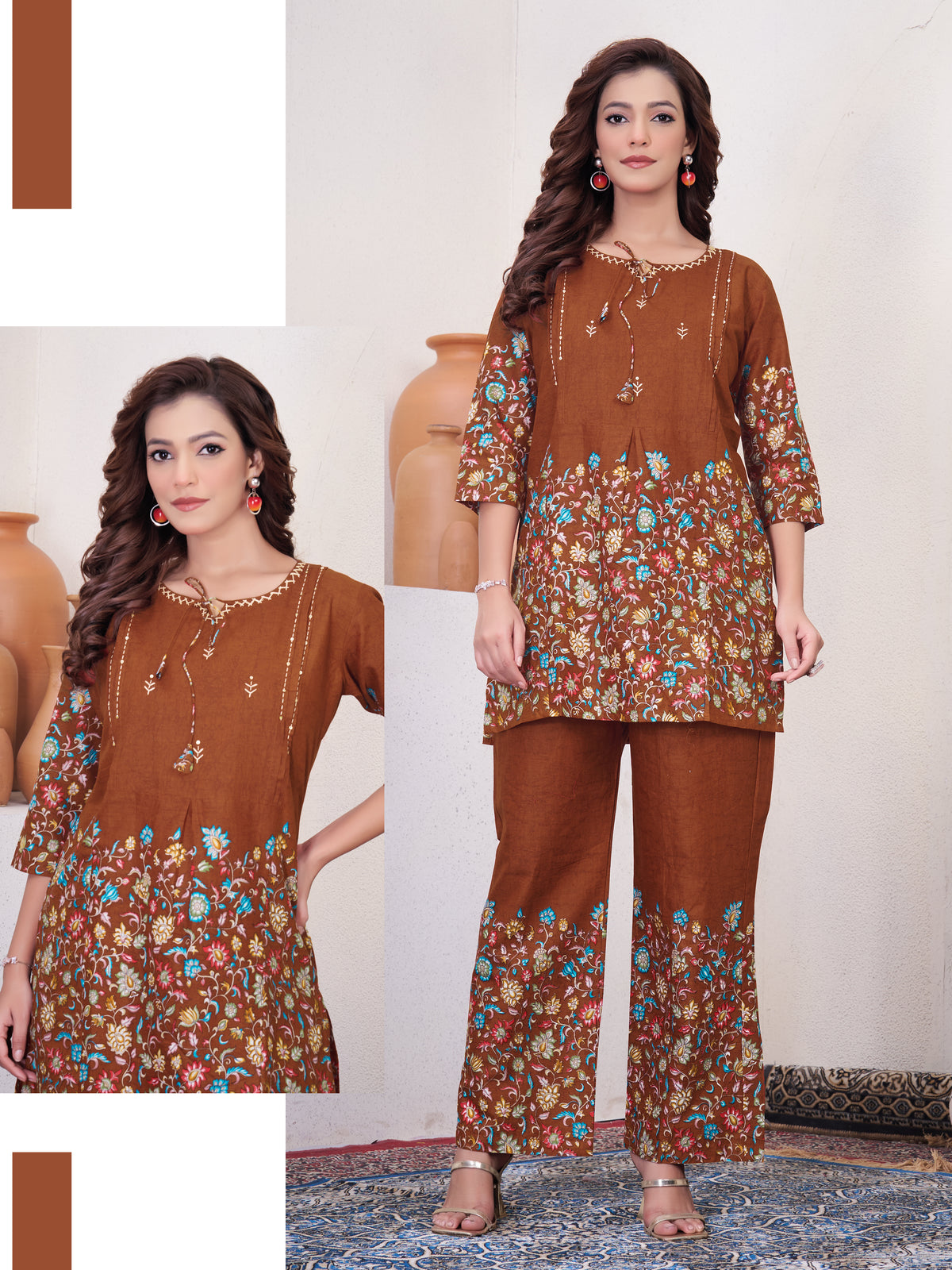 Elegant Rust Floral Printed Pure Cotton Co-Ord Set