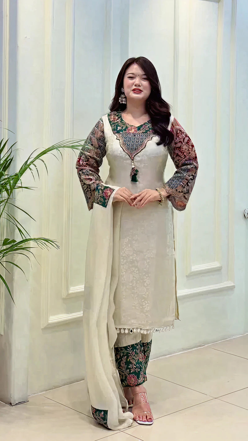 Jumkha Cream Embroidered Kurti Pant Dupatta Set