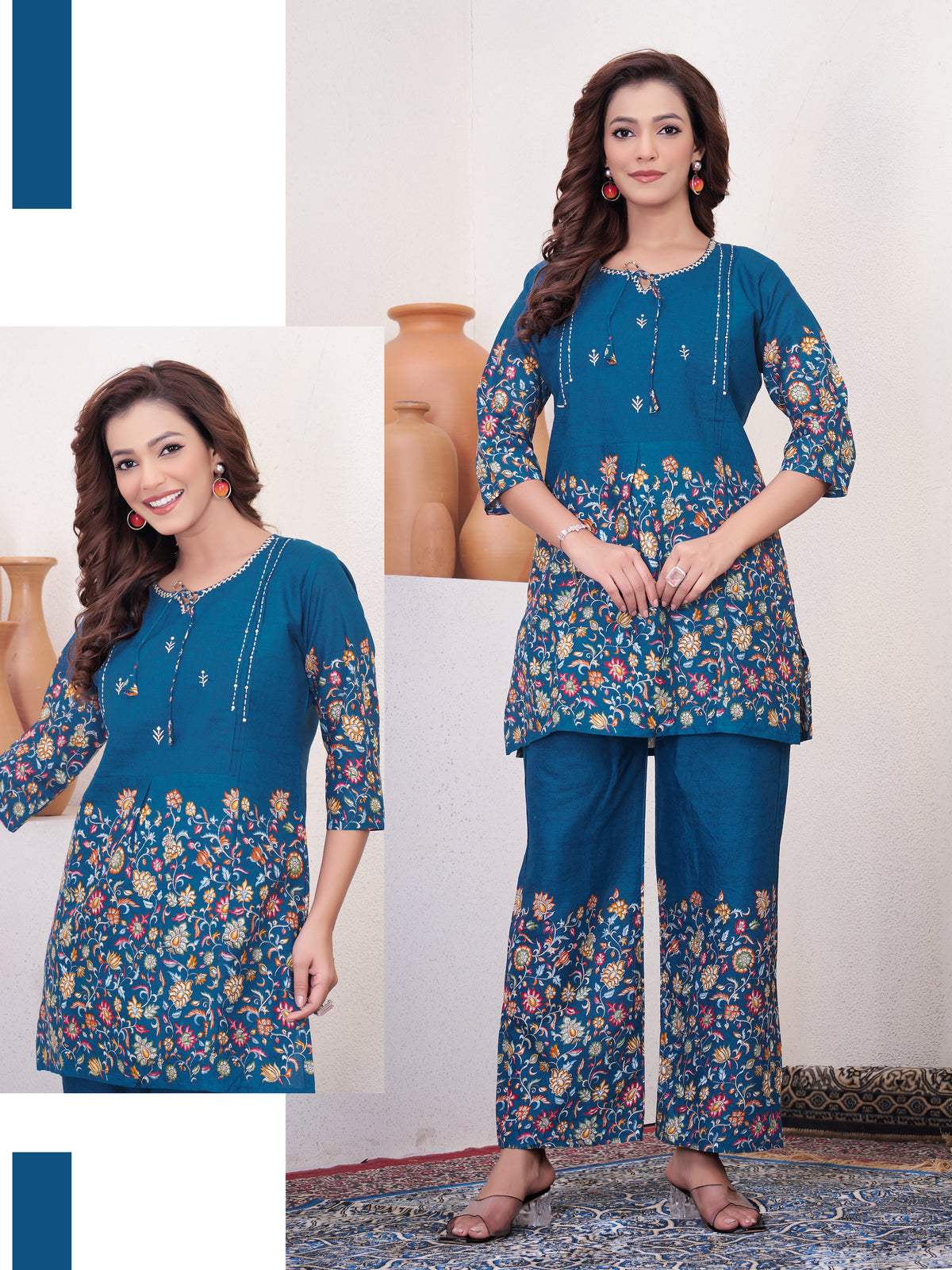 Elegant Teal Blue Floral Printed Pure Cotton Co-Ord Set