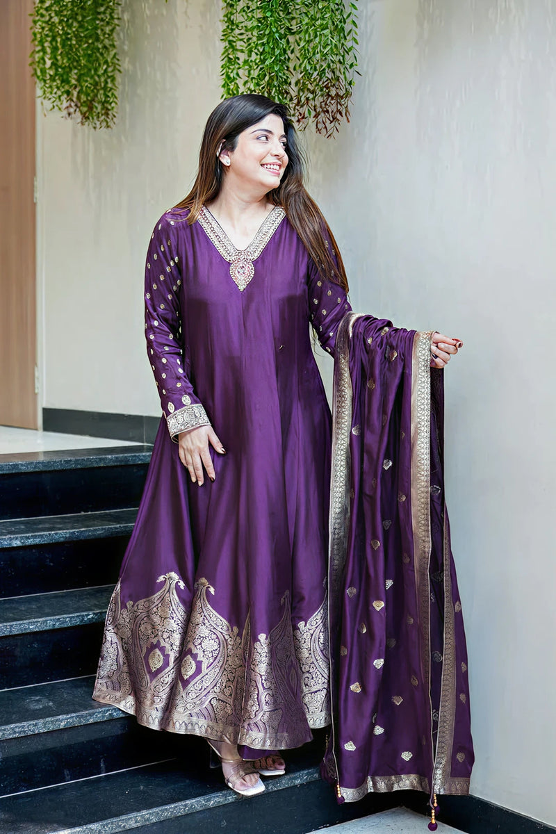 Royal Purple Anarkali Kurti Pant Dupatta Set