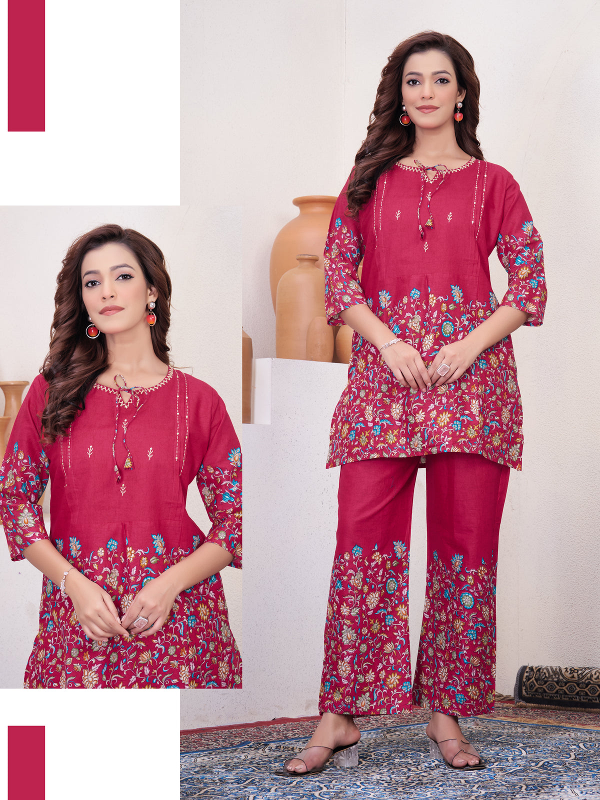 Rani Pink Pure Cotton Printed Co-Ord Set Trendy Women’s Top & Bottom Set