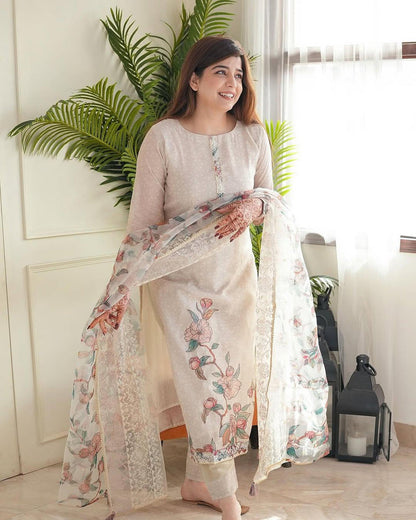 Beige Floral Printed Kurti Pant Dupatta Set Elegant Daily & Office Wear