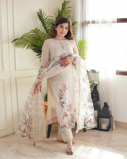 Beige Floral Printed Kurti Pant Dupatta Set Elegant Daily & Office Wear