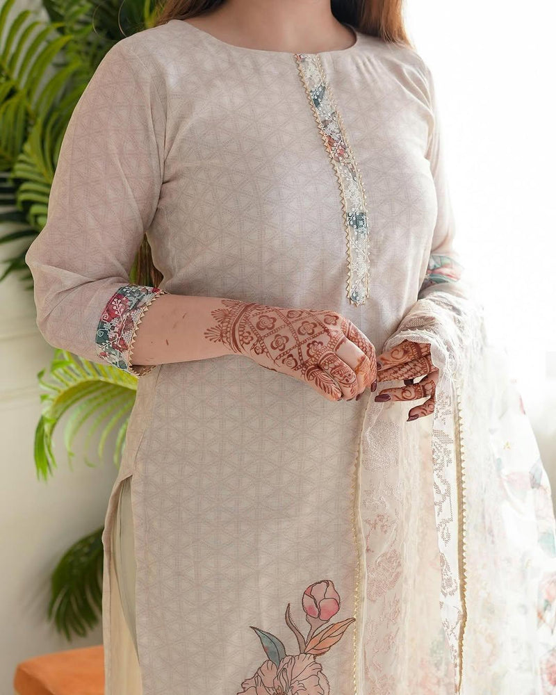 Beige Floral Printed Kurti Pant Dupatta Set Elegant Daily & Office Wear