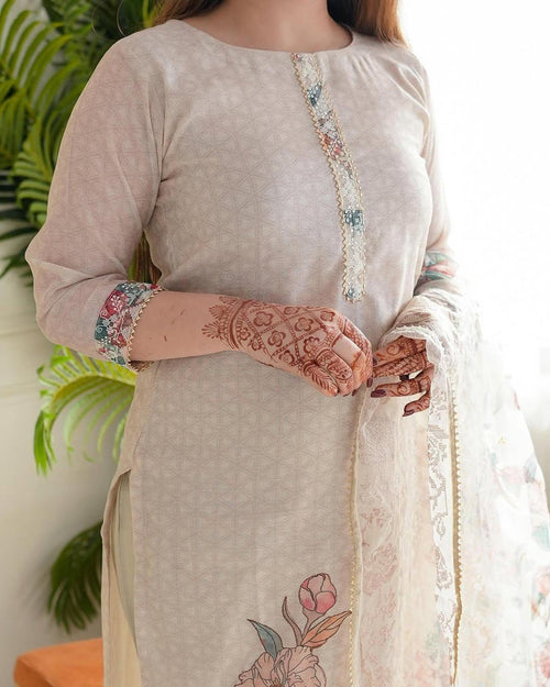 Beige Floral Printed Kurti Pant Dupatta Set Elegant Daily & Office Wear