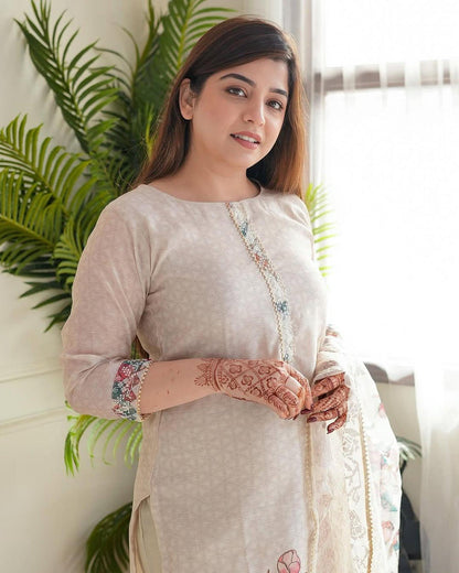 Beige Floral Printed Kurti Pant Dupatta Set Elegant Daily & Office Wear