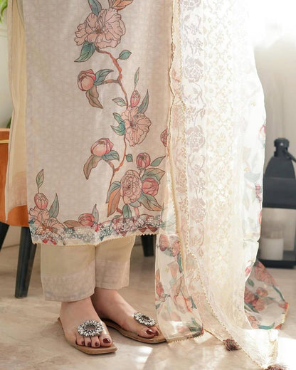Beige Floral Printed Kurti Pant Dupatta Set Elegant Daily & Office Wear