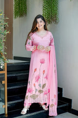 Baby Pink Floral Embroidered Straight cut Kurti Pant Dupatta Set