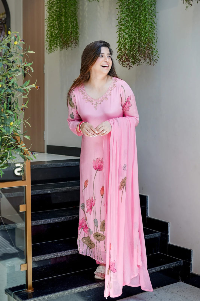 Baby Pink Floral Embroidered Straight cut Kurti Pant Dupatta Set