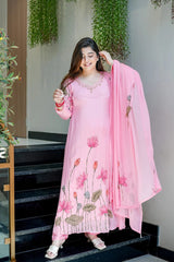 Baby Pink Floral Embroidered Straight cut Kurti Pant Dupatta Set