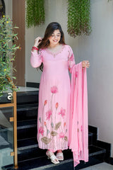 Baby Pink Floral Embroidered Straight cut Kurti Pant Dupatta Set