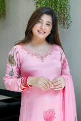 Baby Pink Floral Embroidered Straight cut Kurti Pant Dupatta Set