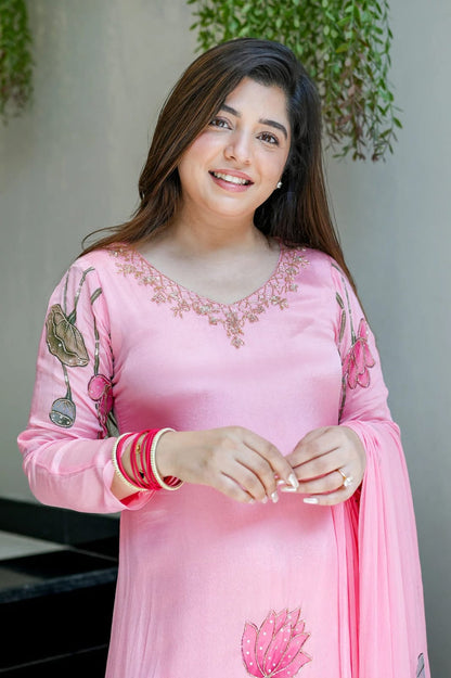 Baby Pink Floral Embroidered Anarkali Kurti Pant Dupatta Set