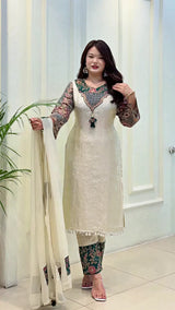 Jumkha Cream Embroidered Kurti Pant Dupatta Set
