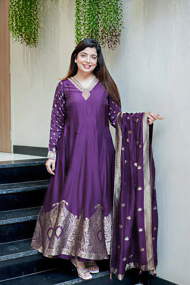 Royal Purple Anarkali Kurti Pant Dupatta Set